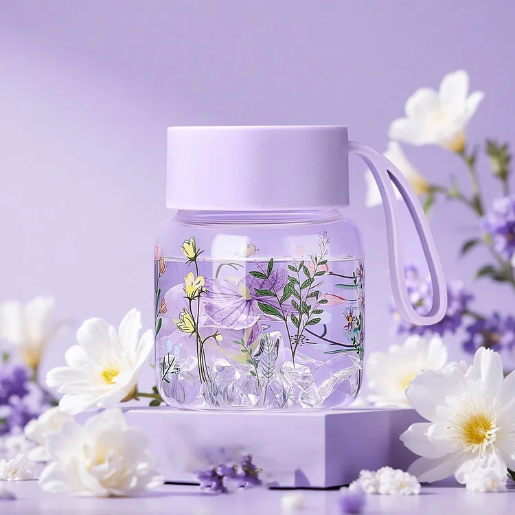 紫色玻璃杯女随行咖啡杯高颜值便携式提绳杯办公室学生玻璃水杯子