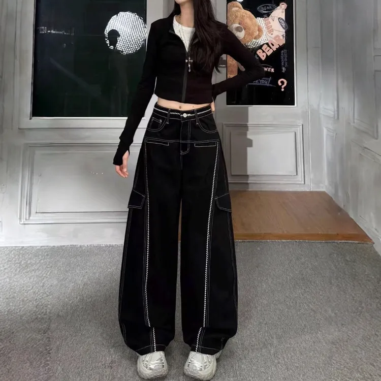 秋季美式新款高腰设计感宽松百搭显瘦韩版阔腿弯刀工装牛仔长裤
