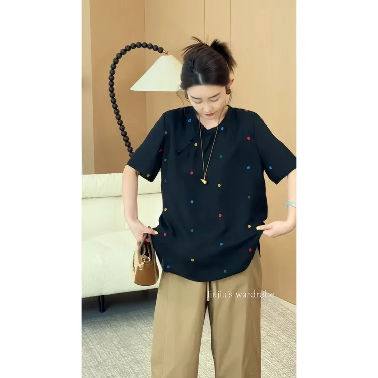 玖了个玖 2025夏新款彩色花朵刺绣斜襟扣短袖衬衫上衣 2507C3895