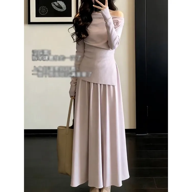 时尚轻奢名媛风针织套装2026春装新款斜肩修身长袖上衣+半身裙