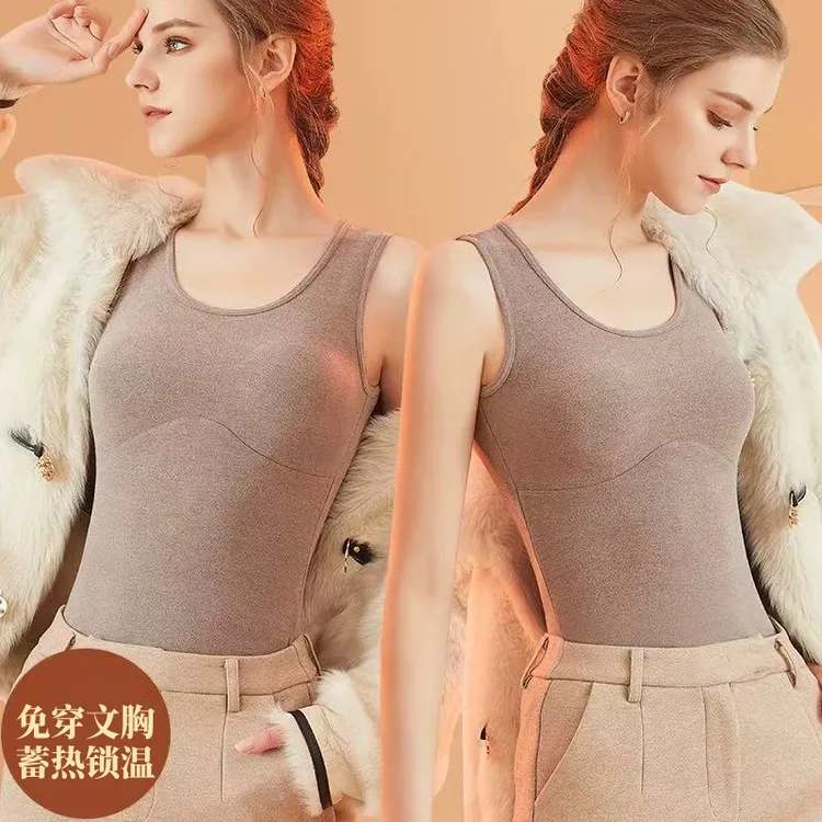 羊绒保暖吊带背心女带胸垫一体内搭秋冬加绒加厚无痕新款打底内衣