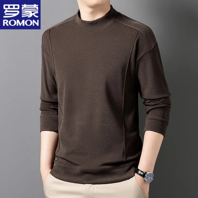 罗蒙半高领男士T恤加绒新款修身双面绒打底t恤衫纯色保暖卫衣潮