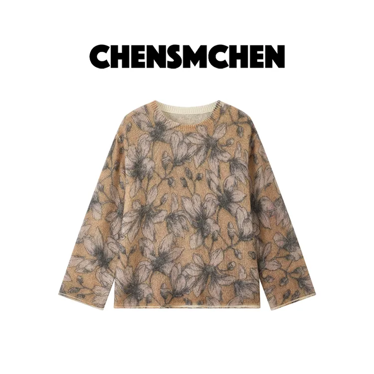 CHENSMCHEN 印花羊驼羊毛毛衣女时尚休闲宽松显瘦上衣CSM8782LC