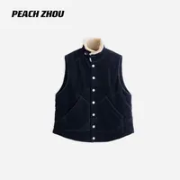 『PEACHZHOU』灯芯绒拼接洋羔毛翻领可机洗宽松休闲系扣马甲棉服