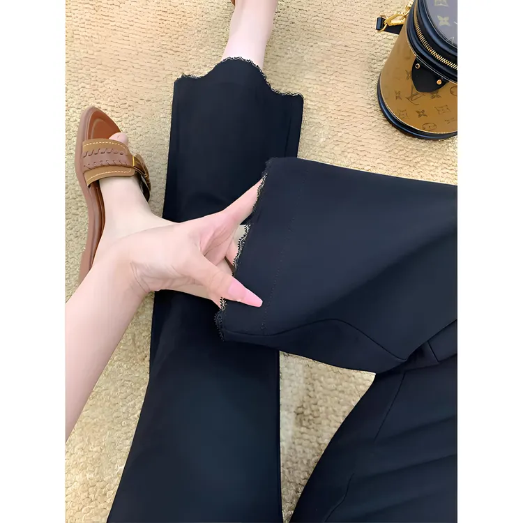 显瘦十斤冰感弹力裤~小个子百搭显瘦藏肉直腿蕾丝边小黑裤