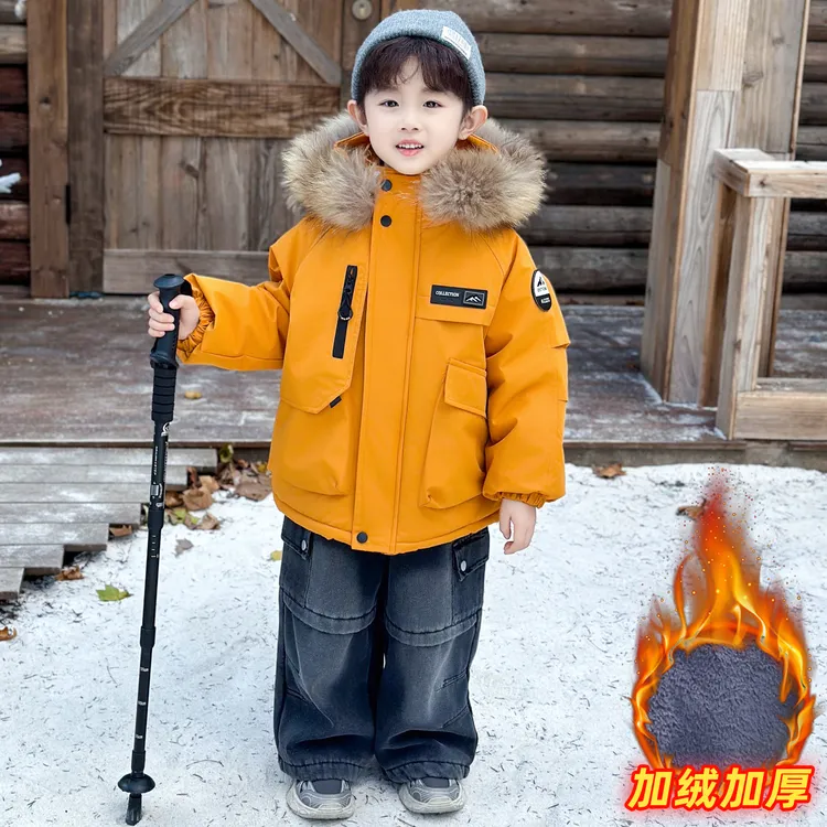 童装男童冬季两色毛领派克服外套保暖加绒加厚