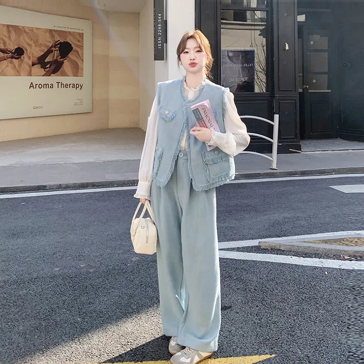 洋气蓝色马甲小衫小个子套装女2025显瘦新款气质超火时尚三件套