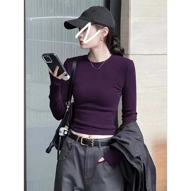 修身收腰时尚长袖打底衫女秋冬圆领内搭显瘦弹力潮牌正肩t恤上衣