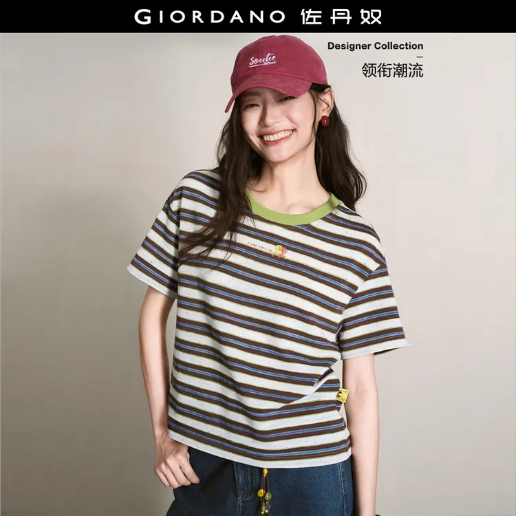 【猫和老鼠联名】佐丹奴夏新款撞色印花条纹圆领短袖T恤女 18326814