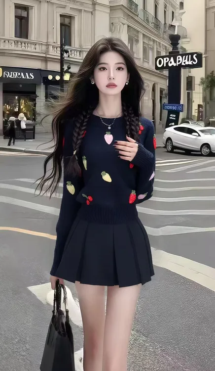 韩系氛围感早秋日常穿搭深蓝色圆领印花针织上衣+黑色百搭半身裙