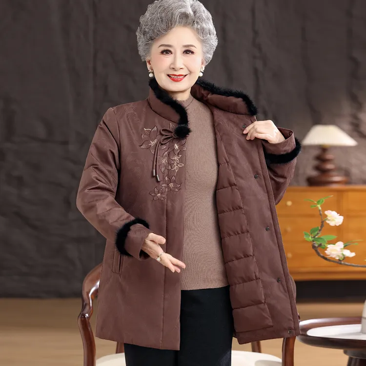 老年人冬装女羽绒服上衣老太太冬季国风唐装外套白鸭绒奶奶装衣服
