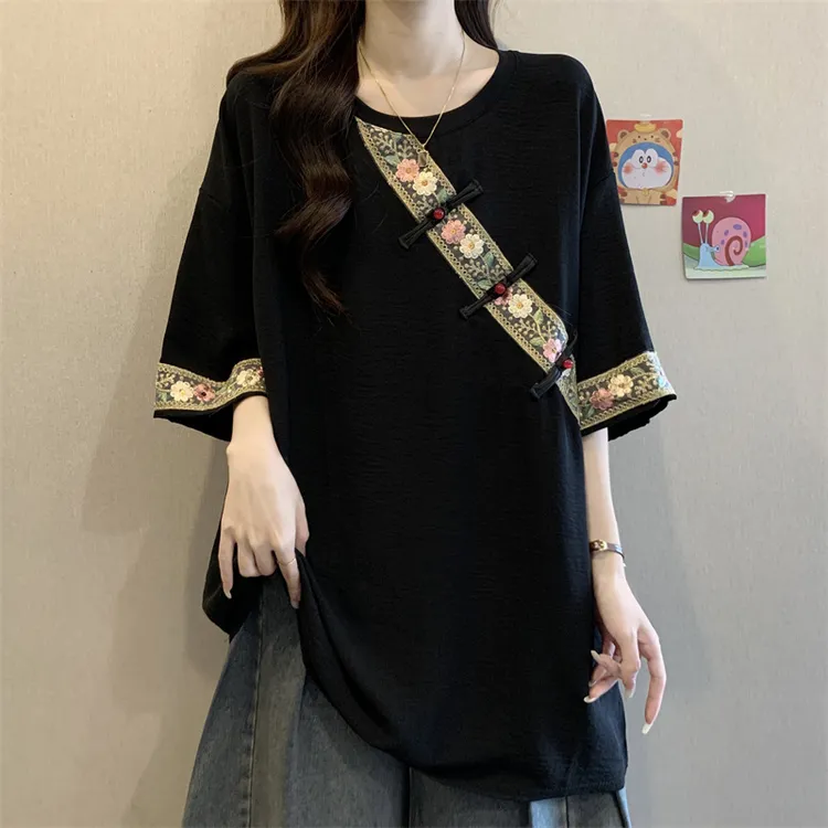 大码复古国风新中式短袖T恤女夏胖mm宽松设计感遮肚显瘦打底上衣