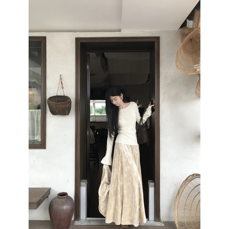 W51【织间花】新中式印花加厚丝绒半身裙裙子女秋冬高级感松紧长裙