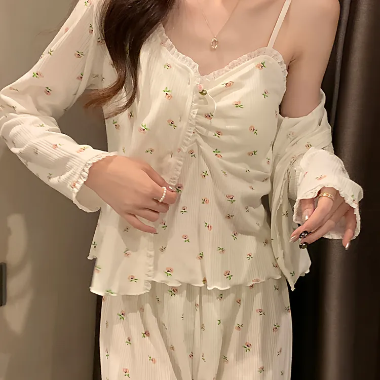 约蒂宾弗带胸垫长袖睡衣女棉质性感花边碎花可外穿三件套家居服