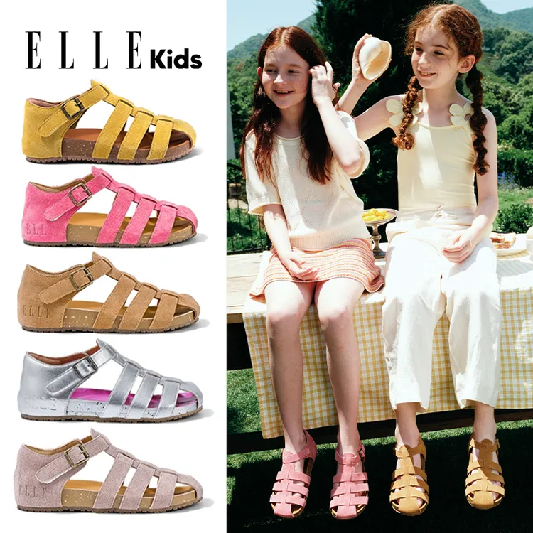 ELLE kids女童凉鞋2025夏季新款复古罗马鞋包头软底儿童沙滩鞋