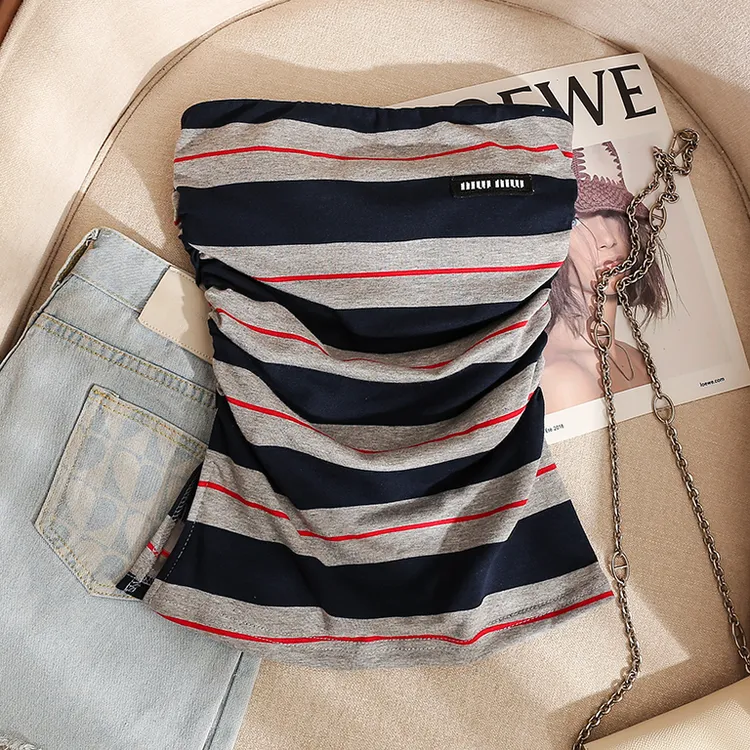 条纹辣妹抹胸吊带背心女外穿带胸垫夏短款内搭学院风时尚减龄上衣