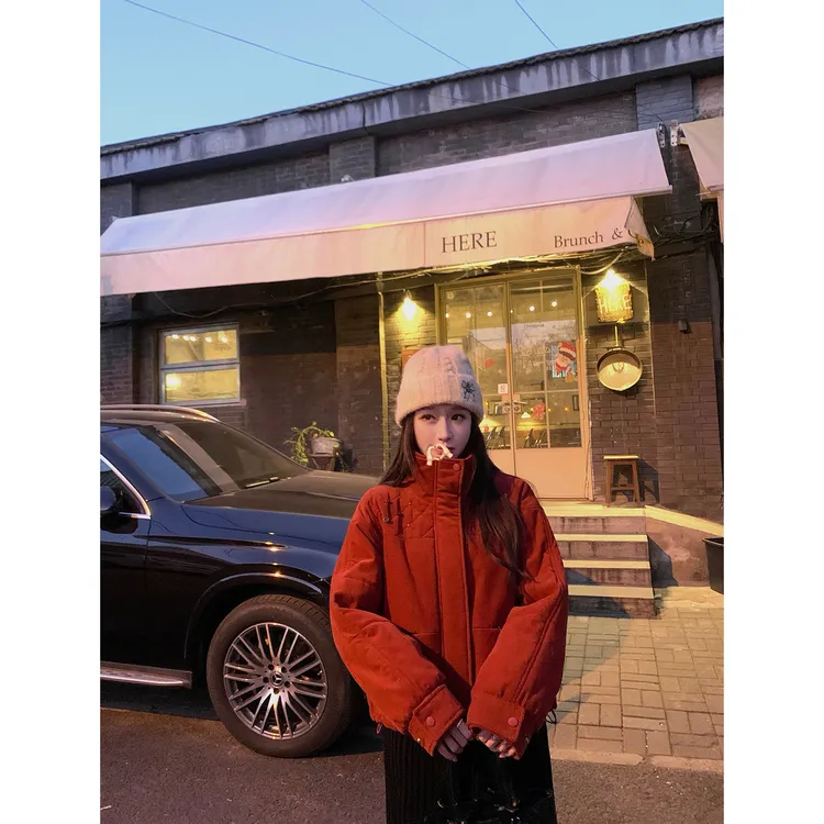 圣诞节穿搭保暖灯芯绒防风红色立领棉服外套女冬季宽松加厚棉衣