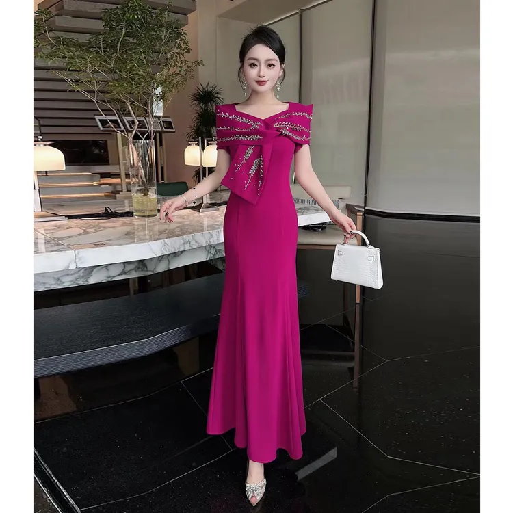 重工订钻奢华高端婚礼年青喜婆婆喜妈妈新娘礼服长裙晚宴连衣裙夏