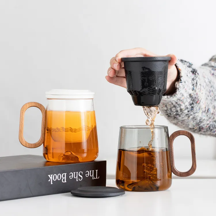 简约泡茶杯茶水分离杯耐热高硼硅玻璃杯子陶瓷带盖过滤水杯子定制