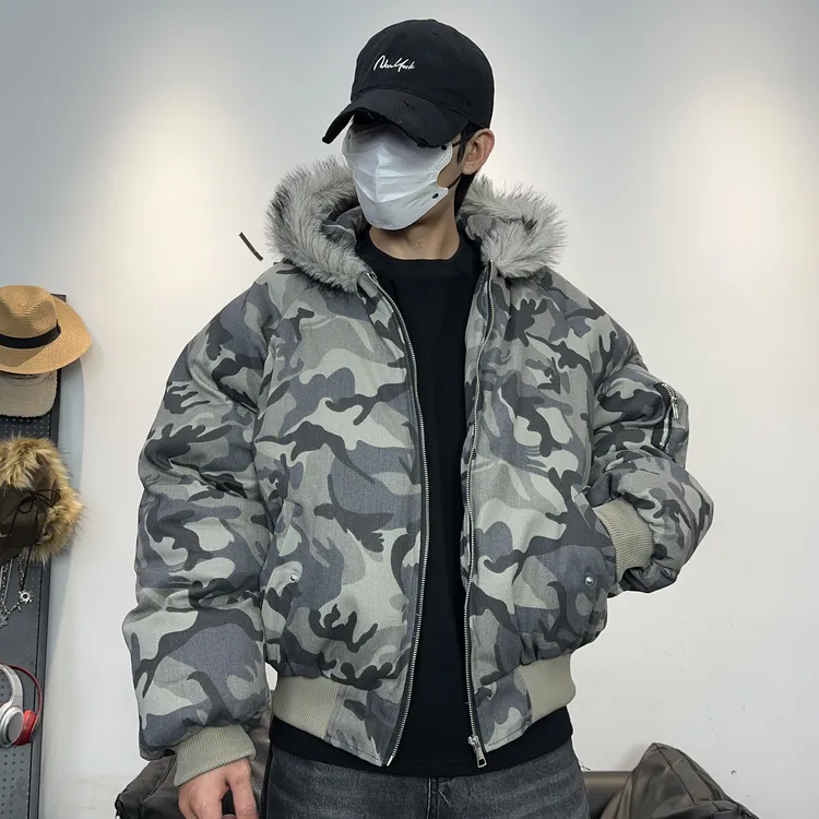 冬装毛领加厚座山雕棉服男女同款百搭保暖迷彩连帽棉衣外套面包服