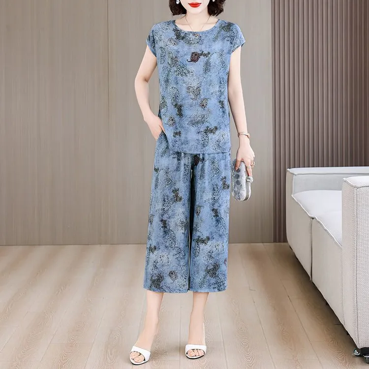 棉绸套装宽松外穿时尚夏季休闲新款七分显瘦套装人造棉短袖两件套