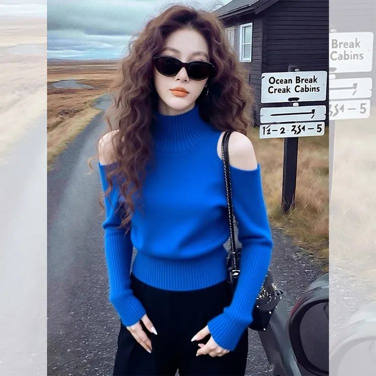 新款时尚洋气百搭女装冬潮流休闲服蓝色高领露肩毛衣针织小衫上衣