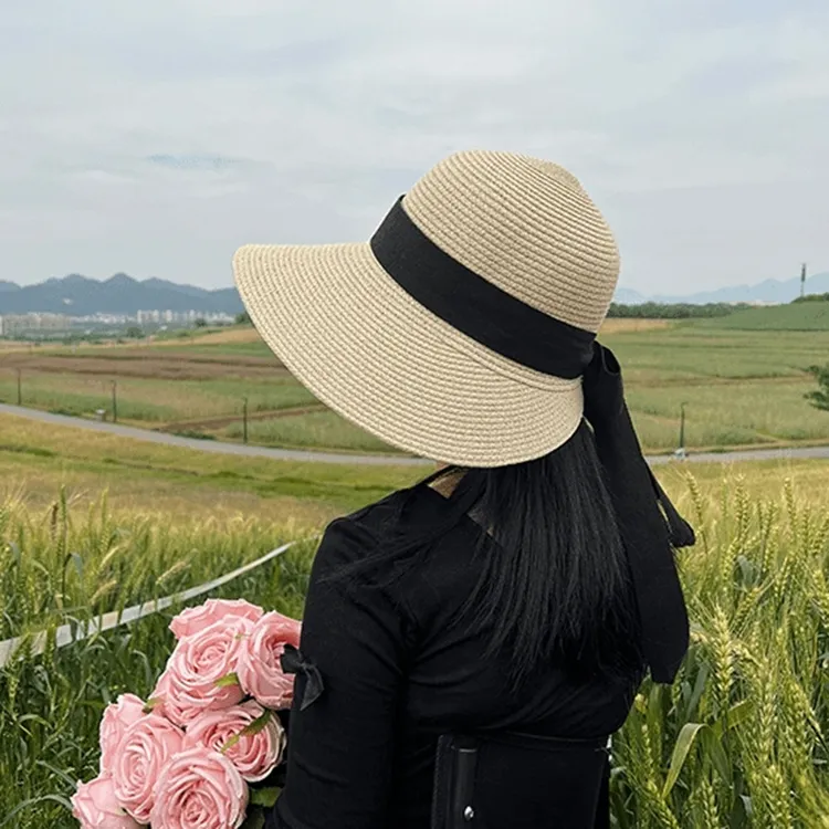 小众洋气夏季防晒遮阳帽子甜美渔夫帽透气飘带蝴蝶结大帽檐草帽女