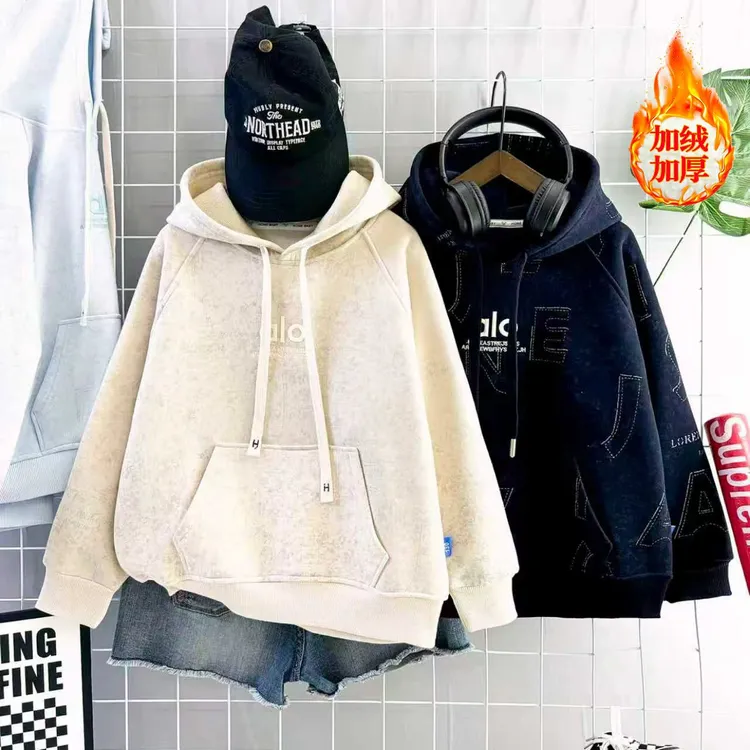 【亲子装.烫银.工艺.】秋冬加绒加厚男女童韩版刺绣宽松潮流休闲