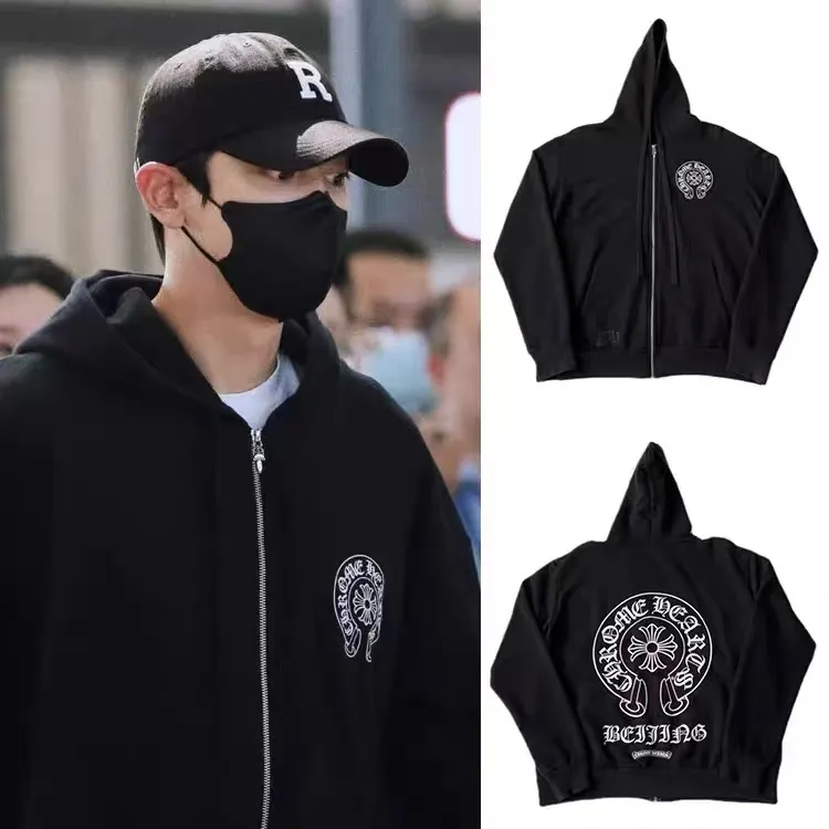 秋冬黑色拉链立领休闲卫潮流宽松衣冬季连帽刺绣百搭卫衣时尚上衣