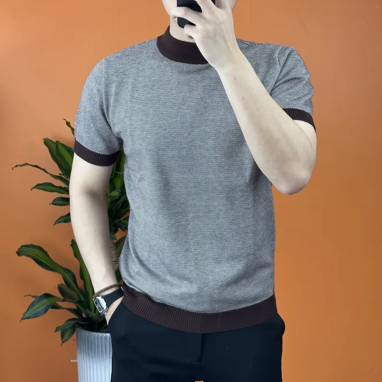 2024秋季新款韩版修身短袖针织衫男士撞色条纹时尚春秋通用0826