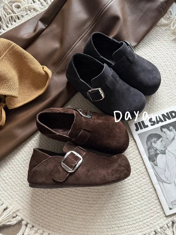 秋冬加绒博肯鞋女厚底羊毛头层牛反绒皮带扣增高百搭2025新款棉鞋