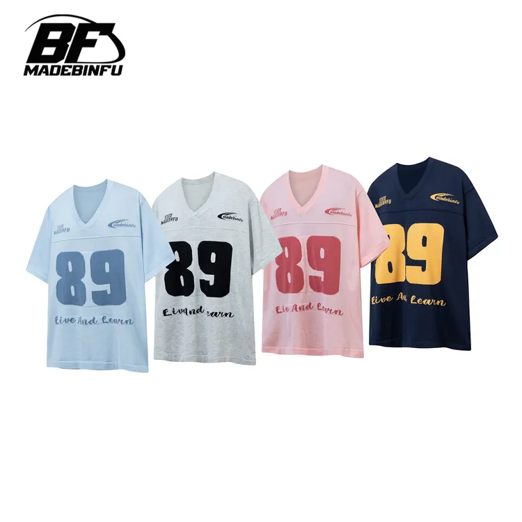 BINFU原创定制 夏装V领美式街头风撞色宽松男女同款针织短袖T恤