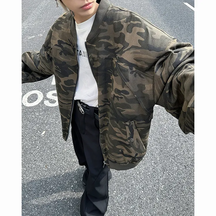 秋冬复古迷彩棉衣外套男小众机车夹克痞帅宽松无领座山雕棒球棉服