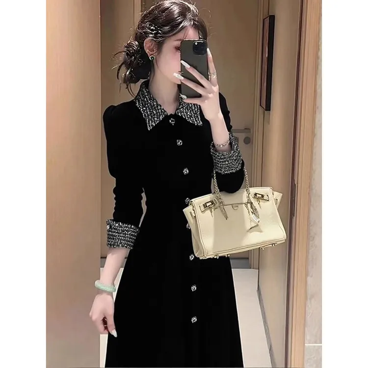 法式小香风黑色翻领收腰连衣裙女2025秋冬新款高级感气质a字长裙