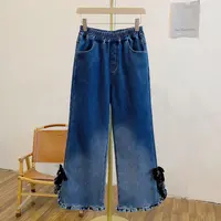 加绒渐变牛Y3148-2渐变色蝴蝶结荷叶边侧开叉松紧腰牛仔阔腿裤