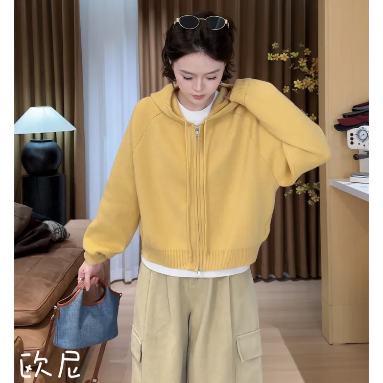 欧尼私服 2025早秋新款双拉链时尚休闲连帽毛衣外套2509C5825