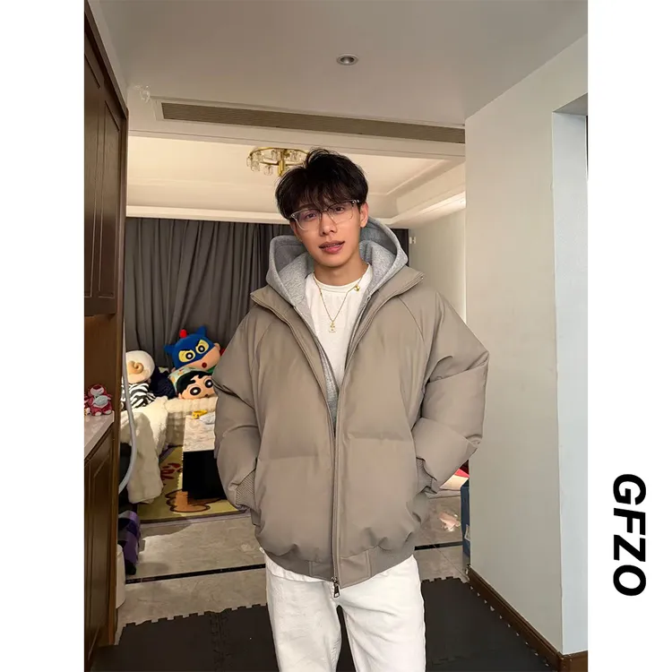 假两件棉服~卫衣连帽PU皮加厚双拉链保暖面包服棉衣百搭宽松外套