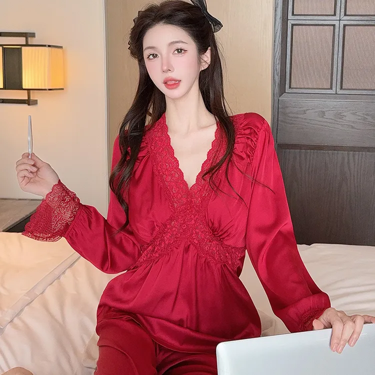 秋季新款弹力冰丝薄款长袖睡衣家居服女士大码套装