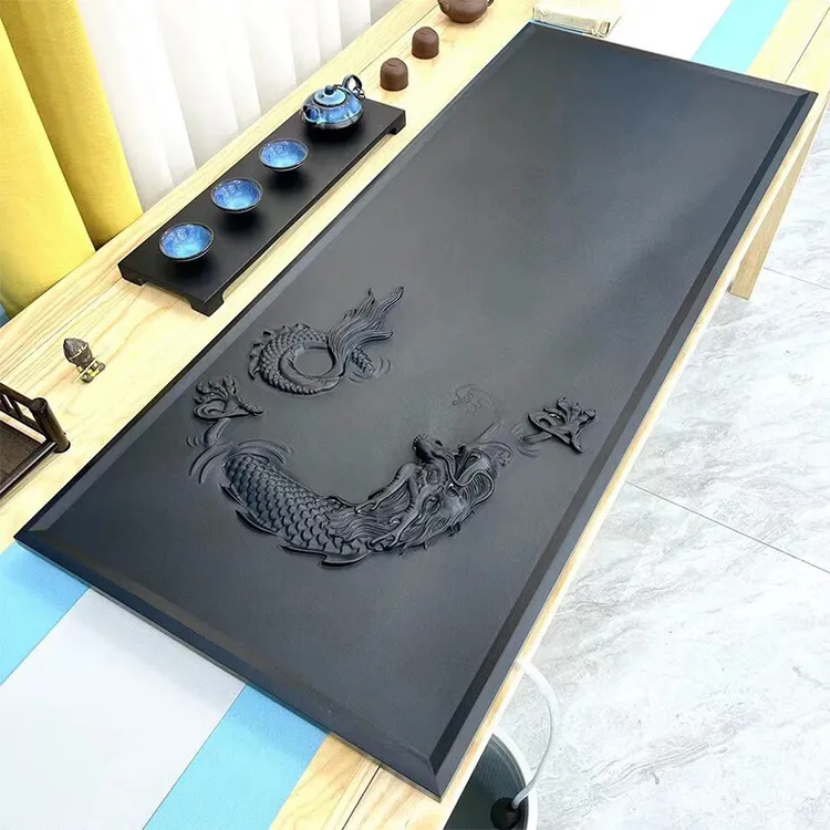 龙吸水天然整块石茶盘排水式手工新中式办公家用干泡台精雕工艺