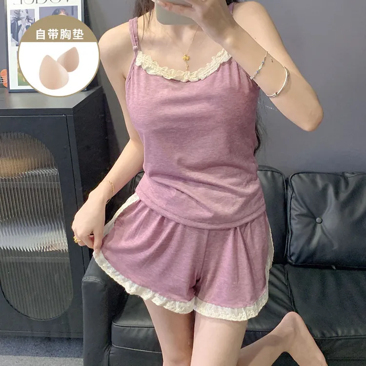 夏季爆款带胸垫吊带睡衣女款2025新款紫色性感纯欲女士家居服套装