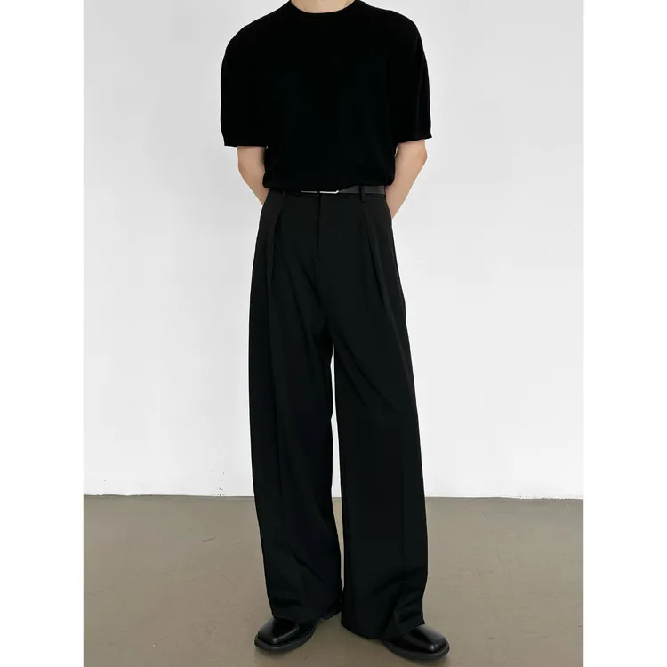 秋冬新款高腰通勤时尚压褶A字阔腿西裤男士设计感直筒垂感西装裤