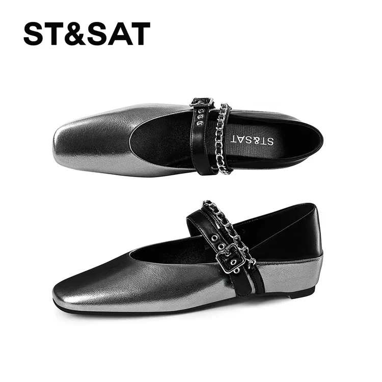 St&Sat/星期六百搭休闲拼色方头链子单鞋浅口复古英伦风玛丽珍鞋