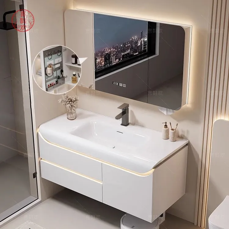 喜鹊欢圆弧肤感瀑布一体盆防水防潮洗脸盆洗漱台柜实木浴室柜组合