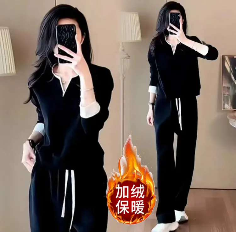 5188休闲风运动套装女2025秋冬加绒韩版V领宽松卫衣时尚两件套