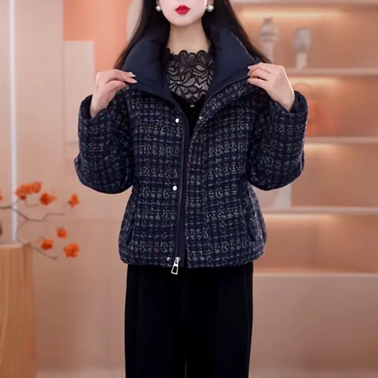 时尚格纹加厚保暖短款羽绒服2025冬季新款气质百搭女士白鸭绒外套