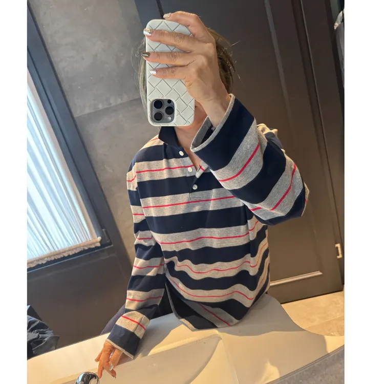 COCOLINDA| MIU 100%棉POLO廓形条纹长袖T恤 T5215