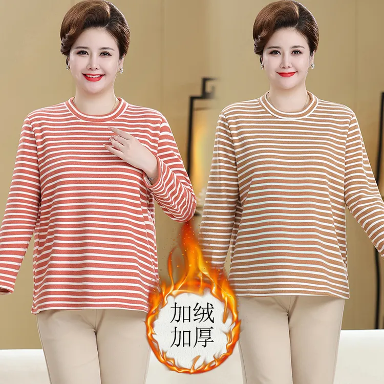 240斤特大码妈妈装条纹加绒中老年女装秋冬季保暖大码气质打底衫