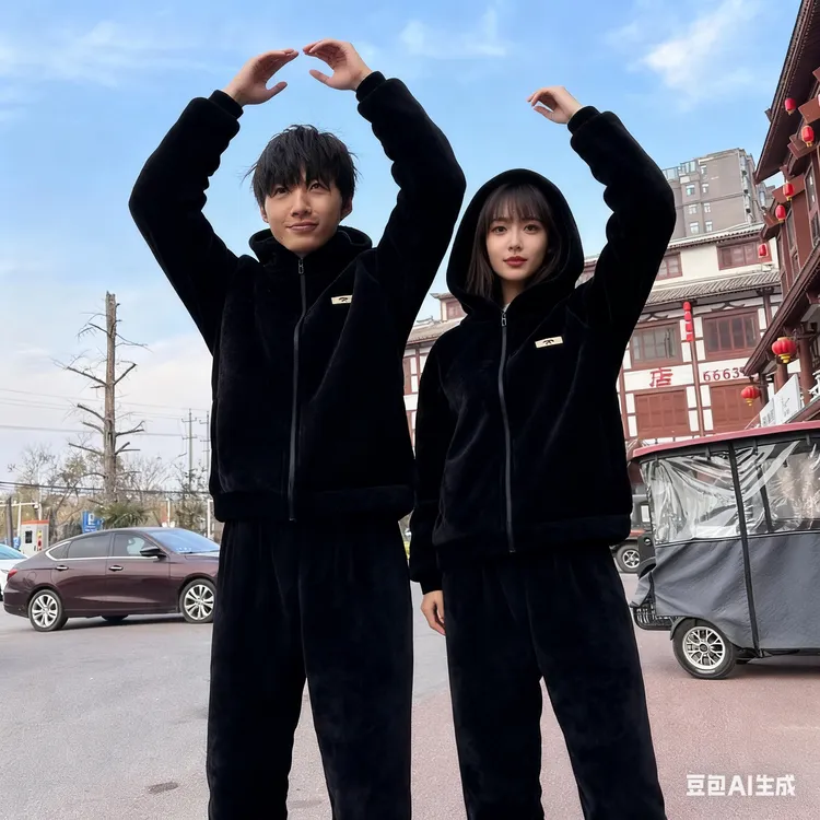 冬季情侣装连帽家居服套装加绒加厚保暖外穿男女睡衣冬款加厚加绒