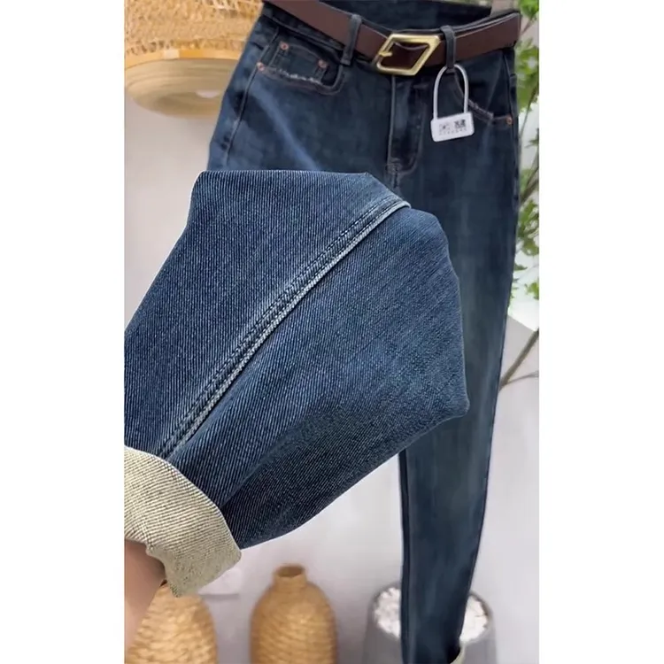 高腰复古蓝哈伦牛仔裤女2025秋冬加绒大码弹力宽松显瘦萝卜老爹裤
