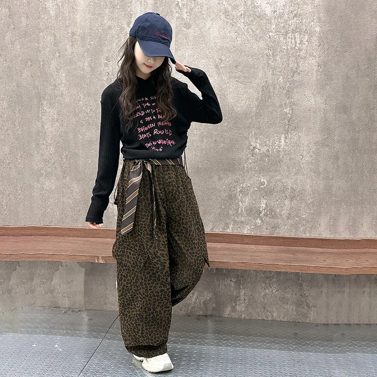 女童琥珀流光领带豹纹工装裤长春秋季潮初中生小众运动儿童休闲裤